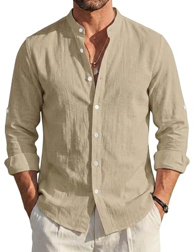 EndoraDore - Camicia da uomo in lino e cotone, a maniche lunghe, vestibilità normale, per il tempo libero, stile Hawaii, ideale per la spiaggia, top estivo, cachi, XL
