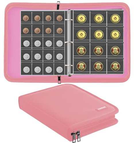 JUNDUN Fireproof Coin Collection Album with 260 Pockets for 20-38mm | Water-resistant, Coin Collection Book with Zip, Coin Case Collecting Storage Dispaly Holder for Collectors, Pink