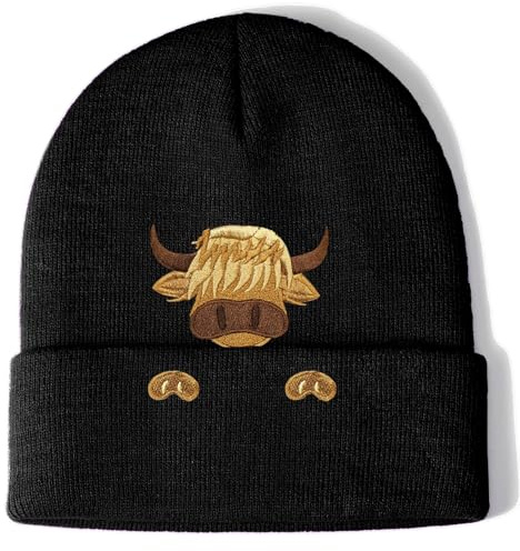 Aretas Highland Cow Kuh Mütze Beanie Hut Haube Geschenke für Damen Herren Frauen Schottischer Hochlandrind Deko Geschenk Süße Kawaii lustige Tier Sachen Weihnachten Kinder Teens