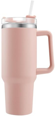 Bicchiere Termico 1,2L con Manico e Cannuccia Tazza Termica in Acciaio Inox Doppia Parete 40oz Thermos per Bevande Calde e Fredde Auto Viaggio Palestra Rosa