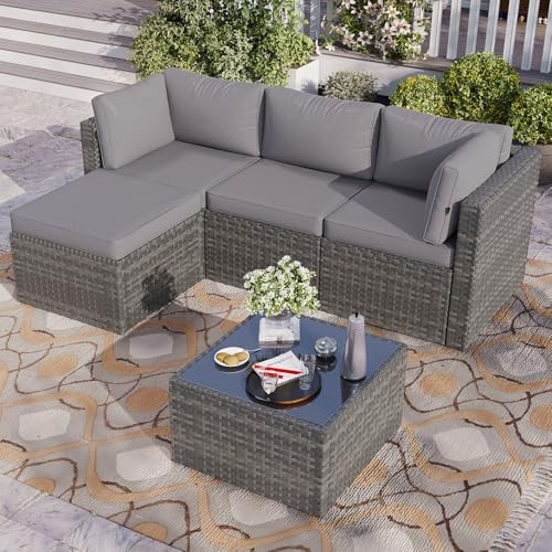 Aoxun 3 Piece Rattan Garden Furniture Set,All-Weather Corner Sofa Set with Thick Cushions & Tempered Glass Coffee Table,Modular Adjustable Outdoor Patio Seating for Garden Balcony Conservatory（Grey）