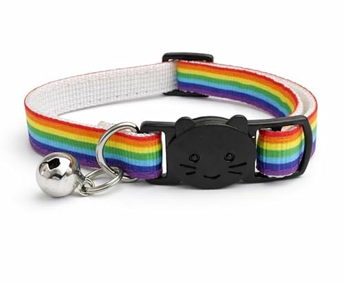 Rainbow Print Cat Collar with Bell. Safe Quick Release Breakaway Buckle. Various Sizes & Designs Available - Long Stripe