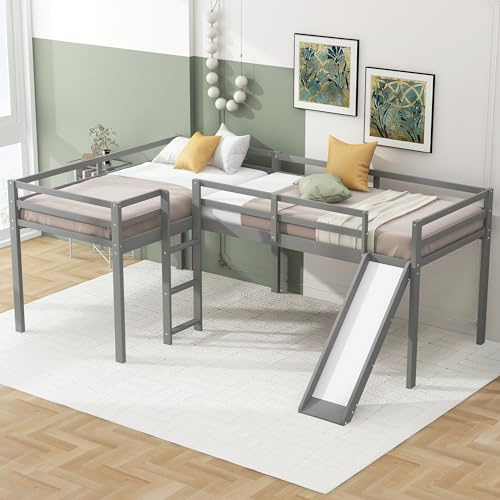 Harper & Bright Designs L-Shape Loft Beds with Slide and Ladder, Twin Loft Bed Frame Corner Loft Bed for 2 Kids, Wood Gray Loft Bed for Girls Boys Teens,Space-Saving,No Spring Box Needed, Grey