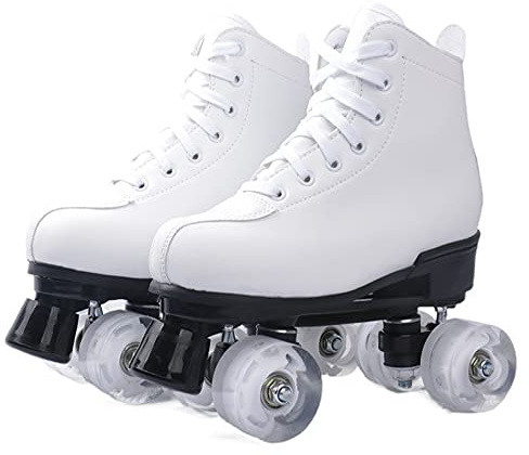 Roller Skates for Women and Men, Classic Double Row Roller Skates with LED Illuminated Wheels, PU Leather High Top Quad Skates for Beginners Teens Adult Indoor Outdoor (6.5,White)