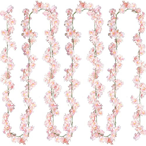 Konstgjorda blommor girlang, 1,8 m dekorationer konstgjorda sidenblommor, hängande blommor, rosa, körsbärsblommor, girlang, för hem, bröllop, fest, trädgårdsbakgrundsdekoration (rosa)