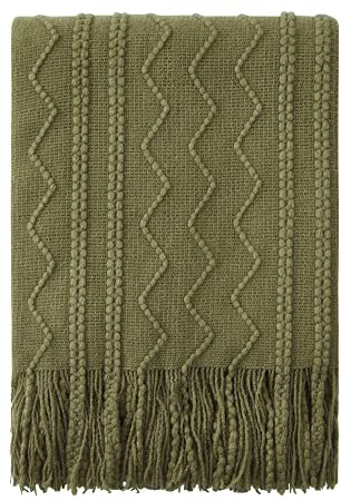 BOURINA Textured Solid Soft Sofa Throw Couch Cover Knitted Decorative Blanket,Olive, 127x152cm