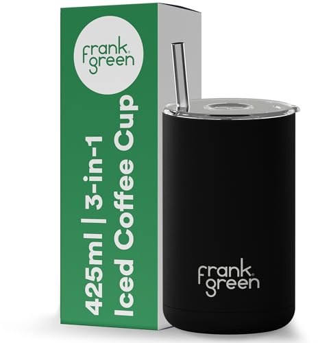 frank green Iced Coffee Cup with Straw - Reusable Travel Mug with Lid and Straw, 3-in-1 Ceramic Lined, Stainless Steel Insulated Cup - Midnight Black