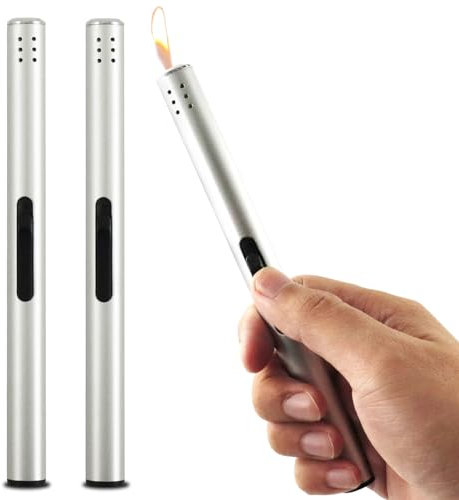 2 Pezzi Accendino Lungo per Candele, Antivento Gas Ricaricabile, Jet Flame per Campeggio All'aperto, Barbecue, Cucina, Regali per Uomini (Venduto Senza Gas Butano)