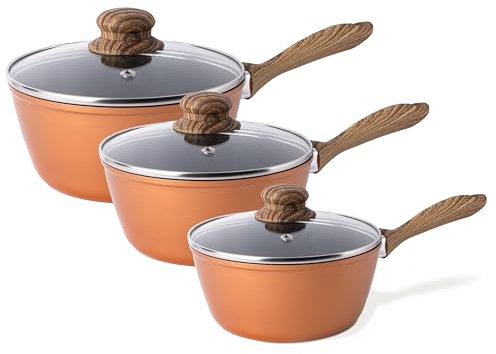 Non Stick Saucepan Set – Induction Saucepan with Lid – 3pcs Copper Sauce Pan – 16cm, 18cm, 20cm Saucepot Set – by Nuovva