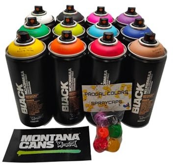 Montana Black 400 ml beliebte Farben, Set mit 12 Graffiti-Streetart-Wandmal-Sprühfarben + 6 Ersatz-Sprühköpfe
