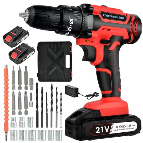 21V Cordless Drill Driver: Cordless Screwdriver with 2 Batteries - Electric Drill 25+3 Torque Settings - Impact Drill Set for Home (Red)