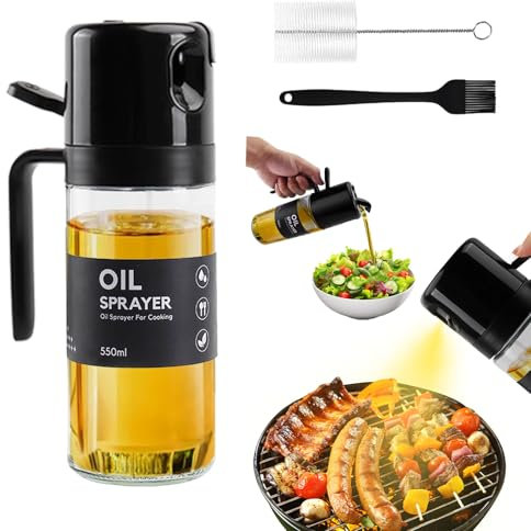 SUWMUWFU Sprühflasche Öl 2 in 1, Ölsprüher für Heißluftfritteuse 550ml, Öl Sprühflasche Zum Kochen, Ölsprüher für Speiseöl, Ölsprüher Glas, Öl Sprüher für Kochen, Grillen, Backen, Salat (Schwarz)