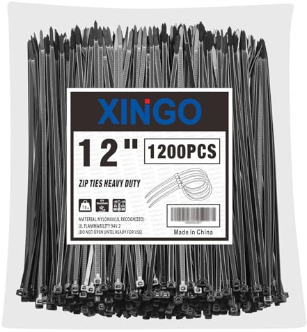 XINGO 12 Inch Black Zip Ties 1200 PCS, 75 LBS Tensile Strength, UV Resistant Cable Ties, Premium Self-locking Plastic Ties for Indoor and Outdoor Use