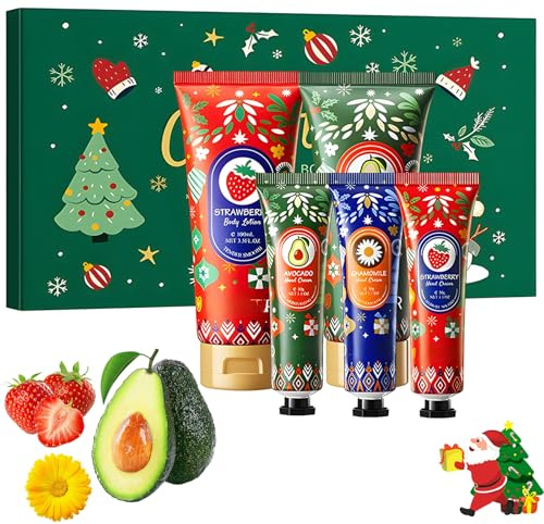 Coffret cadeau de Noël de crème pour les mains et lotion pour le corps – 2×100ml de lotions pour le corps et 3×30ml de crèmes pour les mains pour une hydratation des mains sèches, coffret cadeau de