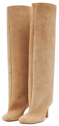 UBWDU Wide Calf Knee High Boots Women Tall Boots Suede Square Toe Stiletto Suede Boots High Heel Long Booties Nude 8