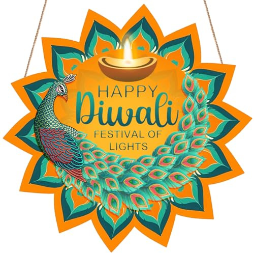 Glad Diwali hängande dörrskyltar dekorationer, indiska dekorationer påfågel hängande skylt trä Indien Deepawali dörr & väggdekor för hem semester fest