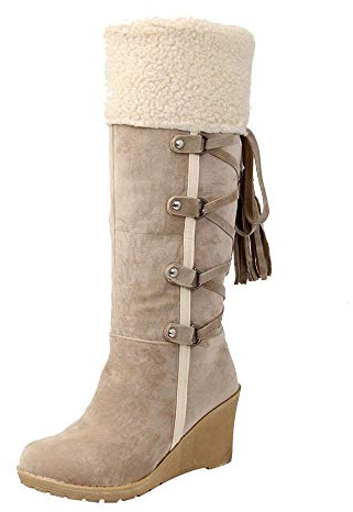 Stivali alti al ginocchio da donna con tacco – Stivali invernali con calda imbottitura, con zeppa sopra il ginocchio, stivali lunghi con nappe, eleganti da donna in pile, beige., 41
