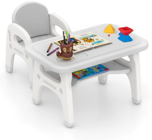 COSTWAY Kinderhochstuhlgruppe mit Dinosaurier-Design, Tisch und Regal für Kinder ab 3 Jahre (grau)