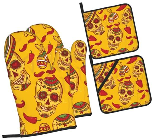 Juego De Manoplas Y Agarraderas, Calavera De Dibujos Animados Mexicana Guantes Resistentes Manoplas De Horno Lavables Guantes Horno para Cocinar Parrilla Chimenea