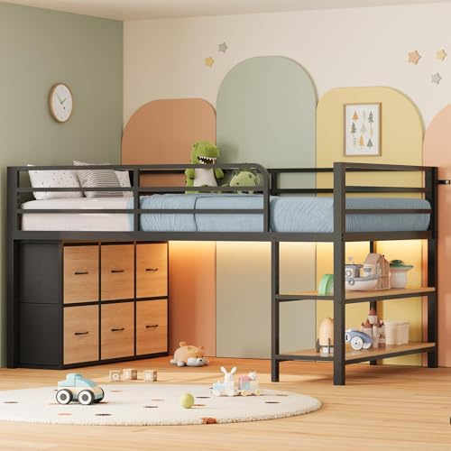 ADORNEVE Low Loft Bed with 6 Storage Drawers, Twin Loft Bed with LED Lights, Metal Loft Bed Twin Size with Open Storage Shelves, Twin Bed Frame with 15 H Safety Guard Rail for Kids, Natural