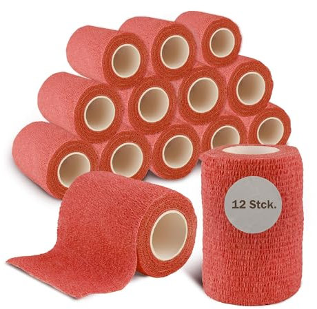 nilo Selbstklebender Verband - 12 Rollen 10cm x 4,5m / Selbsthaftende Bandage für Pferde und Menschen/atmungsaktive & elastische Binde/Haftbandage selbstklebend (Rot)