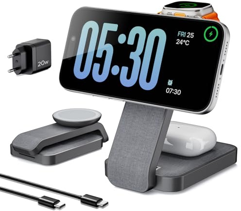 Eazpower Magsafe Ladestation für Apple Watch und iPhone 3 In 1 Faltbar, iPhone Ladestation Magsafe Ladegerät Schnellladefunktion mit Nachtlicht für iPhone 17~12, Apple Watch 11~2, AirPods - Anthrazit