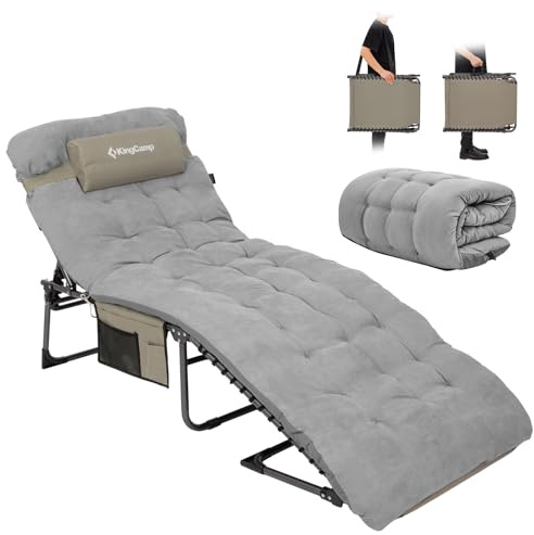 KingCamp Fällbar solstol med 5 cm madrass, 5 justerbara lägen, 180 kg | Fällbar trädgårdsstol, nackstöd och sidoficka, bärbar campingsäng för trädgård strand pool