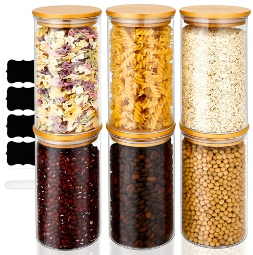 FoiiLiio 700ml Tarros de Cristal con Tapa Hermético - Φ8.0x15cm Juego de 6 Botes de Cristal con Tapa de Bambu Botes Cristal Cocina Almacenaje para Cereales Judías Avena