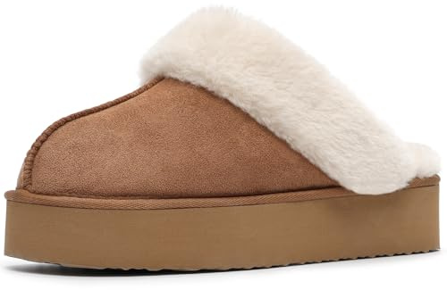 Fallzor Platform Slippers for Women Faux Suede Slip On Round Toe Ladies Slippers Fluffy Warm Winter Comfortable Soft Lining Mule Slippers Gifts for Women