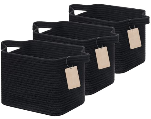 JOJOSEE Small Woven Storage Basket, Cotton Rope Basket for Shelves, Square Shelf Baskets for Home Bathroom Closet Organizer 33x25x22.5cm (Black,3PCS)