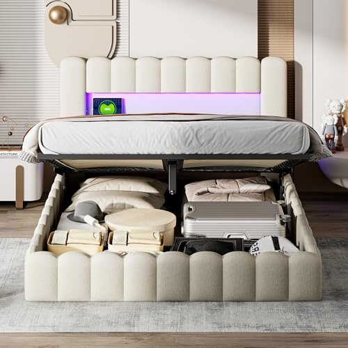 Vadderad dubbelsäng, 180 x 200, med LED och USB, bubbelsäng med ribbotten och hydrauliskt förvaringsutrymme, 2 personer, för vuxna tonåringar, utan madrass (beige, linne, 180 x 200 cm)