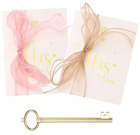 YOKIVE Wedding Day Vow Card Set, (7.87 x 5.51-Inch, Gold/Pink), Vow Card with Key Shape Pen for Her & Him Ribbon Version A, Gold Foil, Great Gift for Bride Groom Bridal Wedding