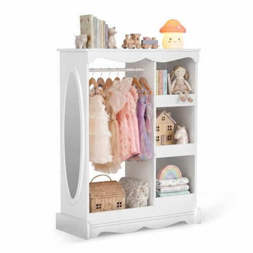 VOWNER Armoire Enfant, Penderie Enfant avec Miroir,Portant à Vêtements Enfant, Armoire Montessori (Blanc)