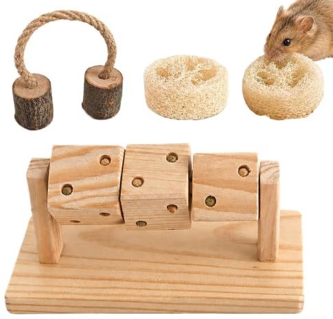 Hamster Kauspielzeug Set - Luffa Holz Nagerspielzeug | Futtersuchspielzeug Für Kleintiere - Kauspielzeug Aus Holz Mit Luffa Und Seil Für Hamster, Rennmäuse, Kaninchen, Chinchillas, Frettchen