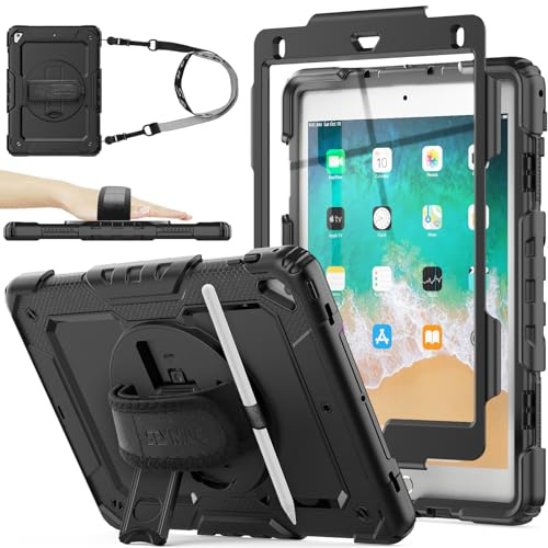 SEYMAC stock Case for iPad 6th/5th Generation/Air 2 / Pro 9.7 inch, Heavy Duty Shockproof Cover with Screen Protector, 360° Rotating Stand/Hand Strap & Pencil Holder for iPad 9.7 Case, Black