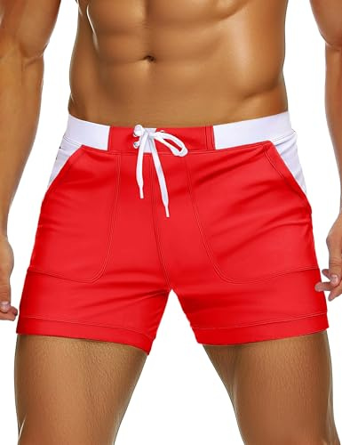 TACVASEN Boxer Shorts Mens Sports Swim Shorts for Men Quick Dry Swimming Briefs Sexy Boxer Trunks Boardshorts Boy Summer Surfing Swimwear Pockets, Red, 32