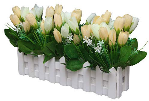 Flikool Tulipani Artificiali con Recinto in Legno Falso Fiore Artificiale in Vaso Vero Tocco Tulipano Bonsai Piante Artificiali per Regalo Casa Balcone Ufficio Tavolo Decorazione - Bianco