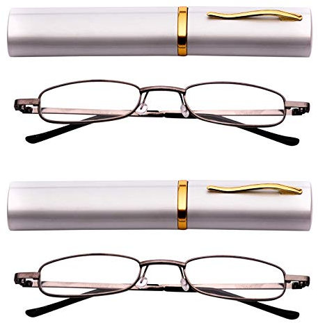 Fads & Fashions 2 x PAIRS MIX N MATCH Pen Holder Gunmetal Grey Frame Compact Reading Glasses with Case MT74 (2 x Silver, 3.0)