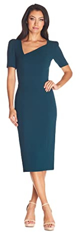 Dress the Population Ruth Midi-Vestido de Manga Corta con Escote asimétrico, Pino, XL para Mujer