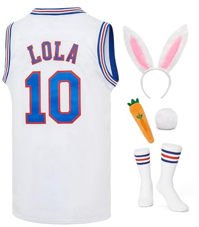 Camiseta de Baloncesto para Hombre de los años 90 Bugs #1/Lola #10 Space Movie Jersey Deportivo Halloween Disfraces Jersey Blanco XS-XXL, Camiseta Lola, Small