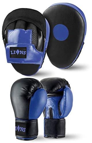 Lions Boxing Gloves and Pads Set - Sparring Gloves and Hook and Jab Pads Focus Punch Bag Mitts, Ideal for Martial Arts Mma Muay Thai Gym, Men Women Kids Boxing Set (10oz, Blue)