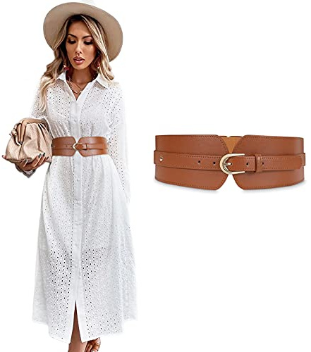 Women Wide Belt with Buckle for Dresses, Stretchy Elastic Waist Cinch Belt | 3 Sizes for 26-41; PU Leather Cinch Belt with Alloy Buckle; Goes with Many Dresses; All-Occasion Belt Gift for Her