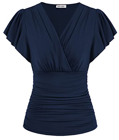 GRACE KARIN Womens Tops Dressy Casual, 2026 Ruffle Sleeve Wrap Blouses, V Neck Ruched Business Work Shirts Navy Blue 2XL