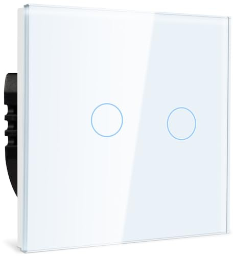 TAWOIA Normaler Lichtschalter, Wandlichtschalter, Standard 110 V-240 V, 86 x 86 mm Gehärtete Kristallplatte mit LED Hintergrundbeleuchtung 2 Fach 1 Weg Touch Lichtschalter,1000W,Weiß