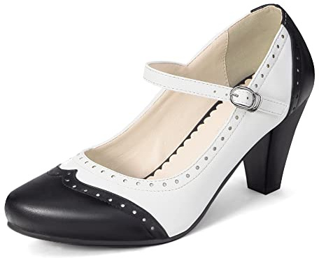 elerhythm Damen Two Tone Mary Jane Classic und Retro 1920er Jahre Pump Heels Gatsby Oxford Muster 1950er Vintage Runde geschlossene Zehe Knöchelriemen Kleid Schuhe (Schwarz/WeißEU41)