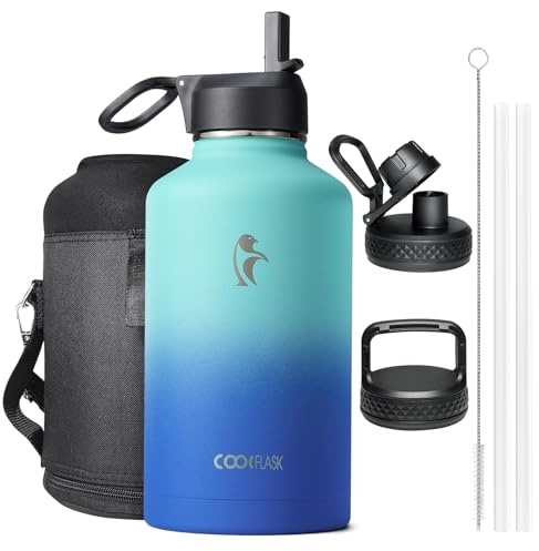 Botella de Agua Aislada 2L, Coolflask Botella de Agua con Pajita y 3 Tapas, Botella de Acero Inoxidable Aislada al Doble Vacío a Prueba de Fugas para Agua Fría y Caliente, Azul Degradado