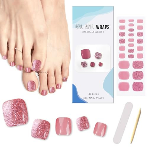 26Pcs Semi Cured Gel Nail Strips, Nude Pink Elegance Full Nail Wraps Pedicure Stickers, Long Lasting Salon Quality Gel Toeail Strips, Self-Adhesive Nail Art Decals for Women and Girls
