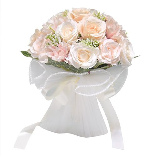 Bouquet de Mariée de Mariage, Bouquet de Roses Artificielles, Bouquet de Mariée Mori, Bouquets de Mariage Romantiques Faits à la Main pour Mariée, Demoiselle d'honneur Tenant des Fleurs(Champagne)