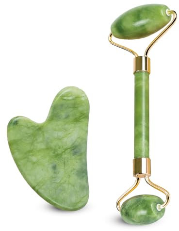 Gua Sha Stone & Jade Face Roller Set- Anti Aging Jade Gua Sha Face Massage Tool for Wrinkles- Eye Roller for Dark Circles and Puffiness- Easter- Organic Face Rollers for Women & Men- Jawline Shaperner