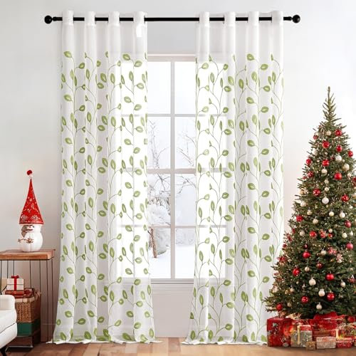 MIULEE 2 Panneaux Rideau Voilage Salon Moderne avec Motif Broderie, Tulle Rideau Transparent à Oeillets, Décoration Interieur Rideau Fenetre Chambre, Lot de 2 Rideau Voile, 140x220cm Vert